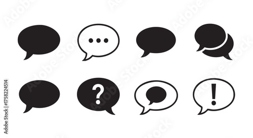 Four speech bubbles representing communication thoughts and ideas in black and white