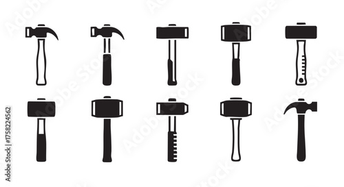 Hammer Icons Collection Various Hammer Tool Silhouettes Isolated on White Background