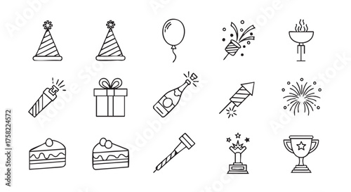 Hand drawn birthday party elements with gift cake and hat