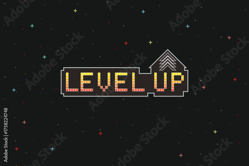 LEVEL UP icon, Pixel art. 8 bit game. Retro Futurism Sci-Fi Background. glowing neon grid. and stars from vintage arcade computer games
