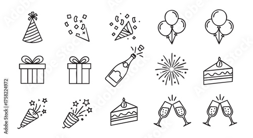 Minimalist line art illustration for birthday party celebration with gifts and confetti