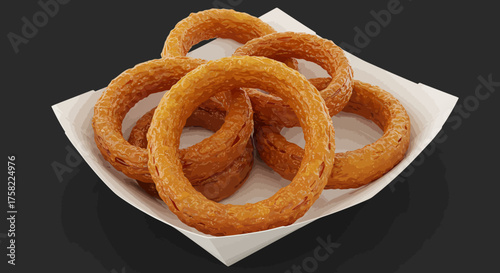 Six golden onion rings are piled in a white cardboard tray sitting on a dark surface