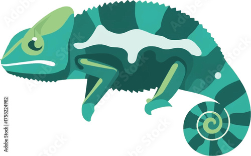 A vibrant illustration showcases a detailed chameleon with its distinctive features, bright colors, and curled tail, perfect for educational or design projects.