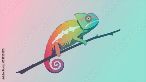 A vibrant illustration showcases a colorful chameleon perched gracefully on a slender branch against a soft, gradient background, emphasizing nature's beauty.
