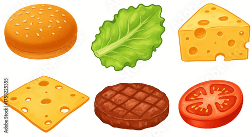 Six hamburger components bun lettuce cheese patty and tomato slice arranged in two rows of three