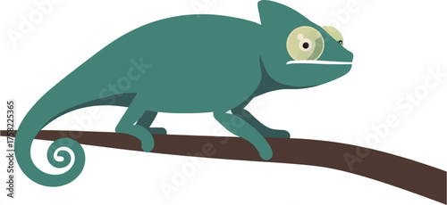 A vibrant illustration portrays a green chameleon perched gracefully on a brown branch, showcasing its unique form and arboreal lifestyle against a white backdrop.