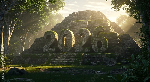 The year 2026 is displayed in large stone numbers in front of an ancient Mayan pyramid surrounded by lush jungle vegetation.