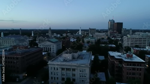 City skyline at dusk aerial view buildings architecture