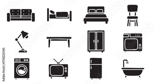 Set of essential home furniture and appliances flat icons design