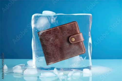 wallet frozen in ice block. Blocked money concept