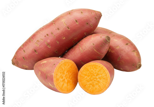 Fotografía Isolated group of raw orange-fleshed sweet potatoes, including cut halves to sho