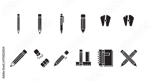 Stationery icons including pencils pen and eraser in black and white