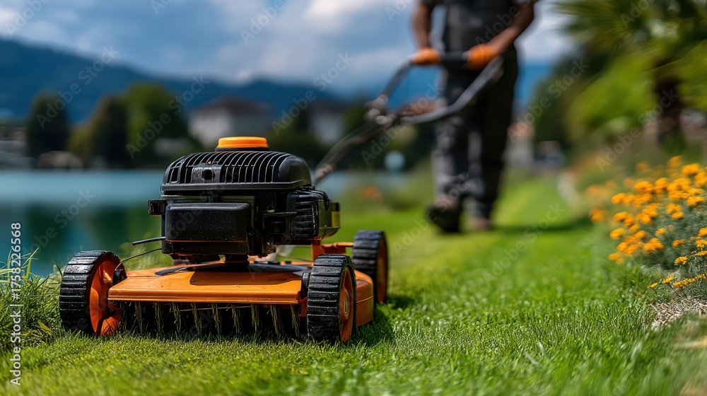 Obraz premium A person mows a green lawn with an orange lawnmower near flowers, with a scenic lake and mountains in the background.
