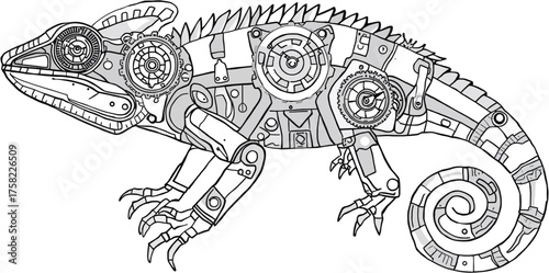 A detailed illustration showcases a mechanical chameleon, blending animal form with intricate steampunk-inspired gears, cogs, and metallic components in a monochrome style.
