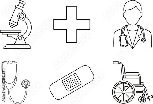 Medical line icon set – microscope, doctor, stethoscope, bandage, cross and wheelchair in outline style