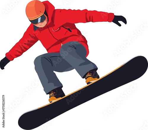 A snowboarder in a red jacket and orange helmet performs a jump, showcasing winter sports and outdoor recreation on a white background.