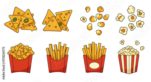 Cartoon of nachos popcorn and fries on a white background