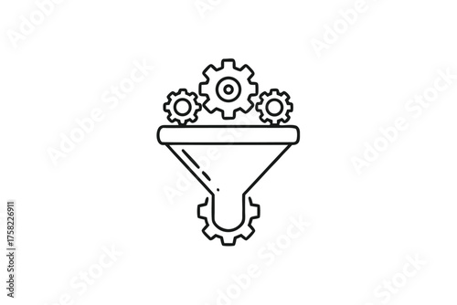Funnel and gears forming a technological process in outline are isolated on white