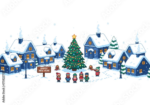 Snowy pixel village scene with a Christmas tree and children near a Happy New Year sign