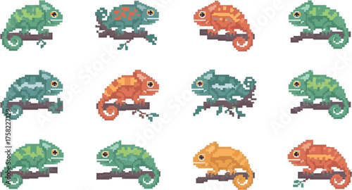 A vibrant collection of pixelated chameleons, each showcasing unique colors and patterns, perched gracefully on delicate branches, perfect for digital art.