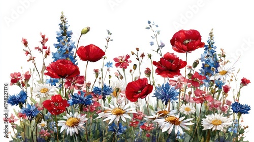 Vibrant wildflowers in red, white, and blue bloom across a white background.