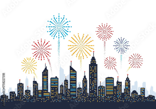 Skyline silhouette at night with colorful fireworks exploding above the buildings