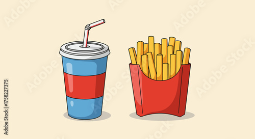 Cartoon illustration of a soda cup and french fries on a plain background