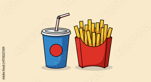 Cartoon depiction of soda in blue cup with red circle next to red french fry container with fries