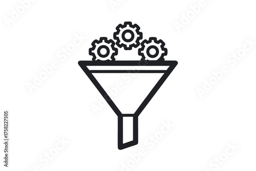 Funnel shows three gears resting on top, outlined in black against white