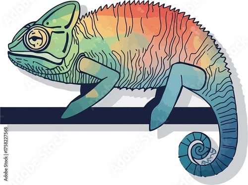 A vibrant illustration showcases a chameleon perched on a branch, its skin displaying a spectrum of colors, designed with intricate details and a unique artistic style.