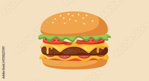 A cartoon double cheeseburger with sesame seeds on a pale peach background