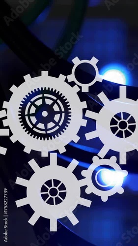 Rotating gears animation with blue lights in blurred background