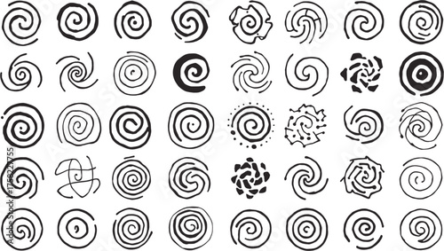 A collection of hand-drawn spiral shapes, each with unique characteristics and variations, perfect for design elements and creative projects, all in black and white.