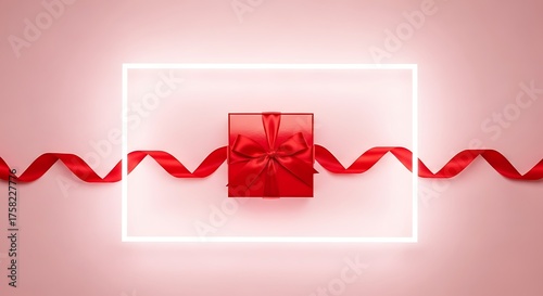 A minimalist festive composition featuring a single red gift box tied with a shiny satin ribbon and bow, placed on a soft pastel pink background