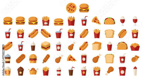 Array of fastfood items burgers pizza fries hot dogs  drinks displayed in a grid