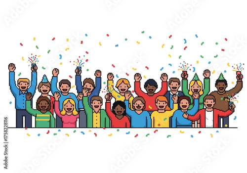 Pixel art showing group of diverse people celebrating with raised arms and confetti