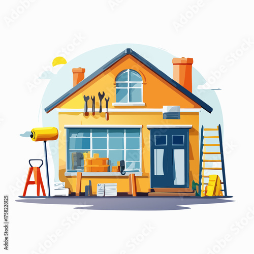 Illustration of a yellow house undergoing renovation with tools