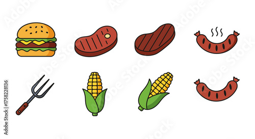 BBQ illustration with burger steak sausage corn and fork isolated on a white background