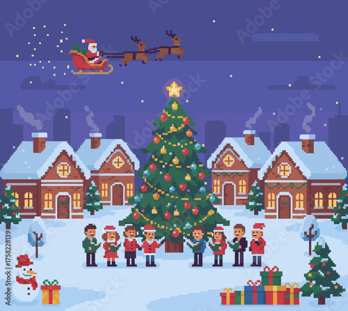 Pixel art scene with Santa reindeer snowy village carolers tree gifts snowman at night