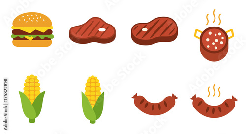 Assortment of barbecue foods burger steaks corn sausage and beans