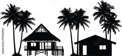 Tropical beach houses and palm trees silhouette vector illustration perfect for vacation, summer, resort, island, and exotic travel themes.