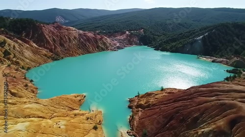 Aerial view of a vibrant turquoise lake nestled among colorful hills