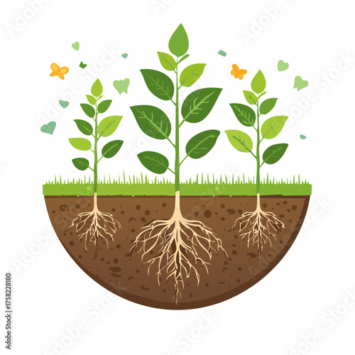 Illustration of growing plants with roots and green leaves in a half circle