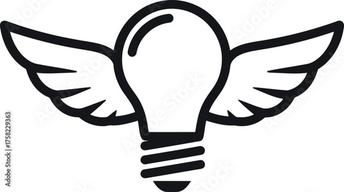 Black and white outline of a light bulb with wings on a white background idea inspiration