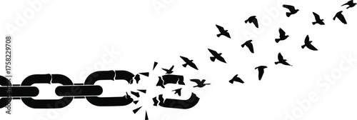 Black chain links breaking apart transforming into flock of birds flying upwards on white background