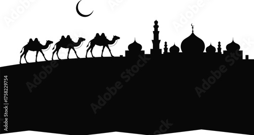 Black and White Silhouette of Camels with Riders Passing Islamic Cityscape under Crescent Moon – Cultural Desert Travel Vector Illustration