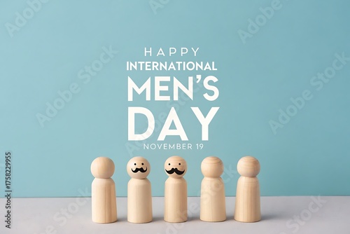 Happy International Men's Day Celebration With Wooden Peg Figures On Blue Background

