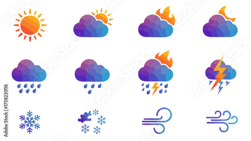 A collection of colorful low-poly weather icons depicting various atmospheric conditions like sun, clouds, rain, snow, wind, and thunderstorms.