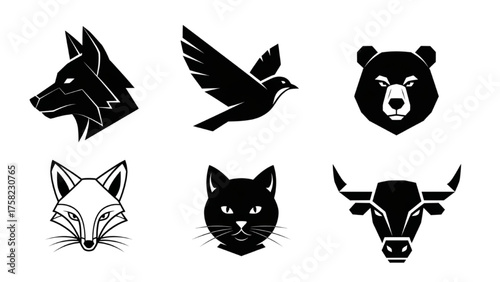 Collection of Stylized Animal Head Silhouettes for Design and Branding Projects
