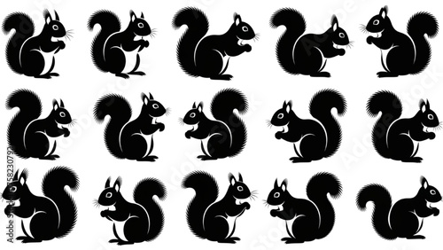 Seamless repeating pattern of black squirrel silhouettes arranged in a uniform grid design